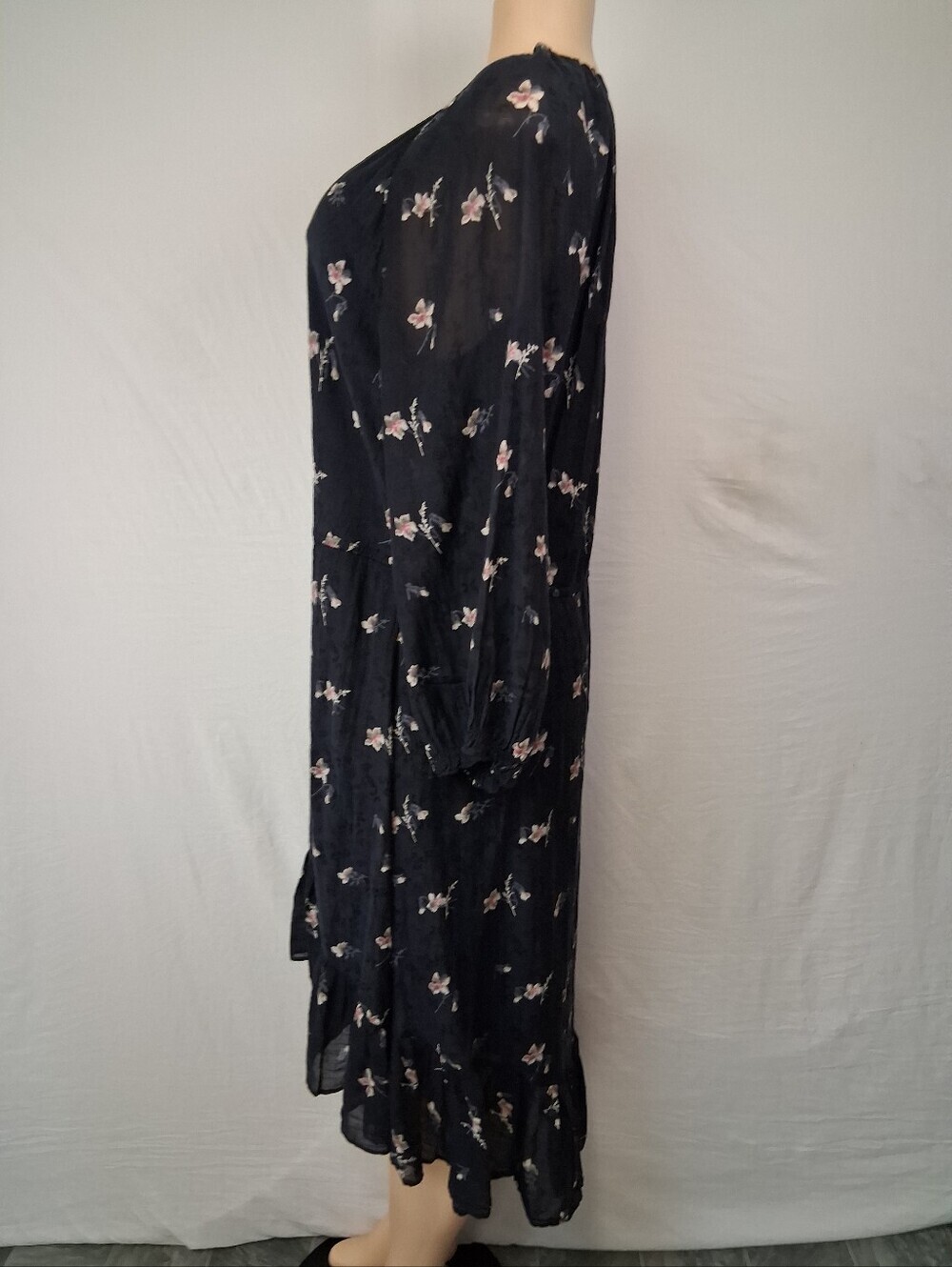 Joie Black Floral Button-Front Long Sleeve Boho spring Midi Dress Size L - Picture 7 of 17